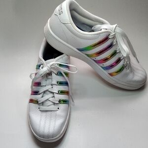 K-Swiss Court Pro II White Sneakers with Rainbow Metallic Stripe Accents